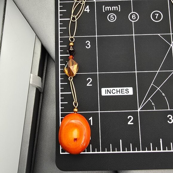 VTG 14k GF & Natural Coral w/ Crystals Pendant Y-Drop Necklace Paperclip Chain - Picture 16 of 16